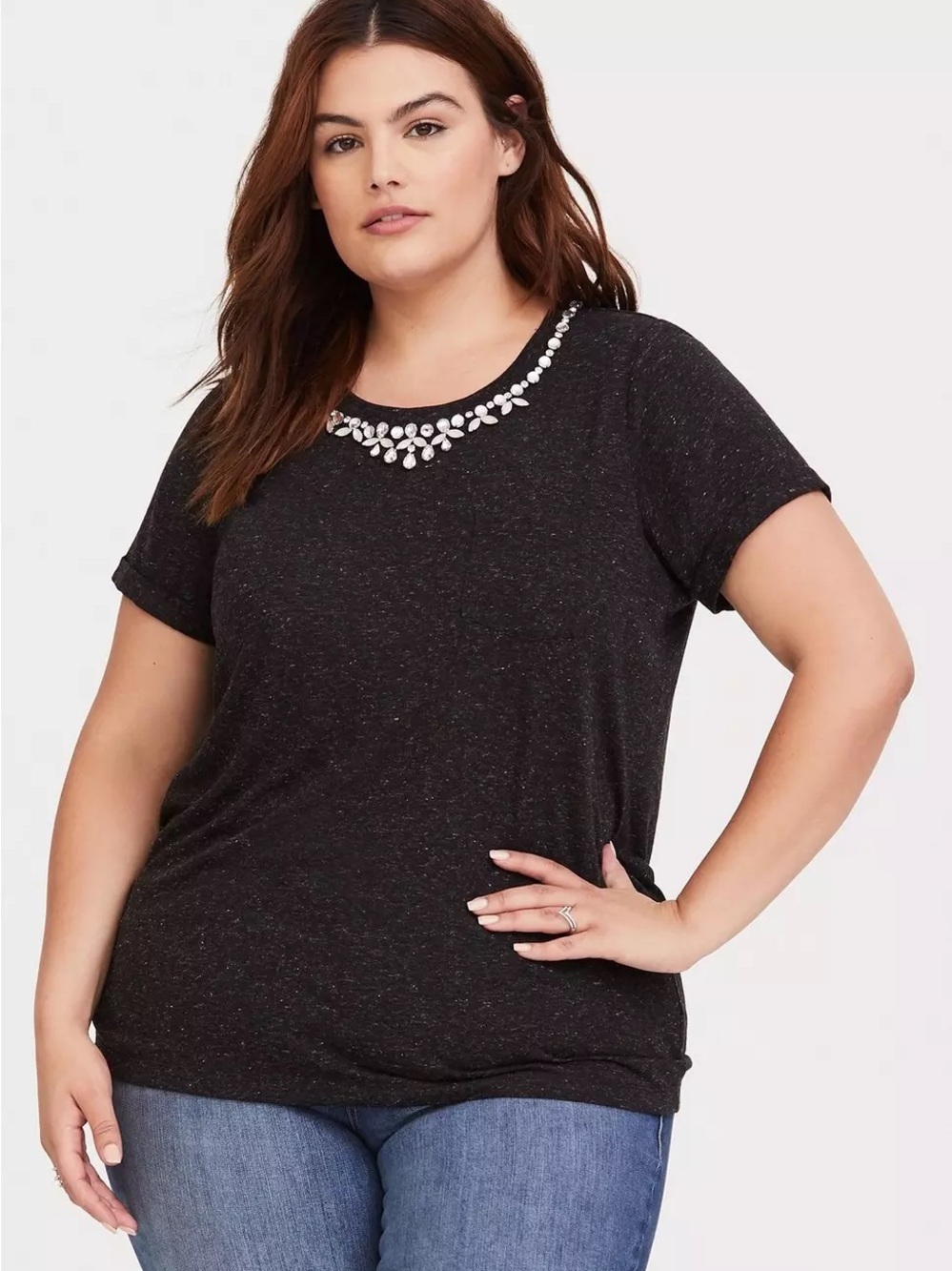 torrid Black Short Sleeve Tee with Jewel-Embellished Neckline